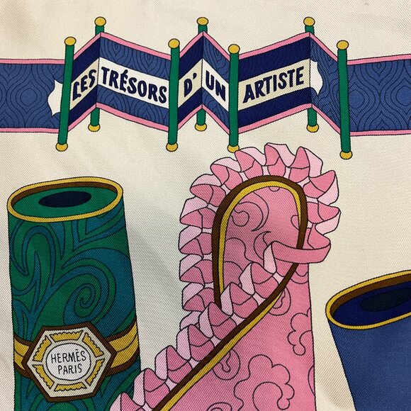 Hermes Ivory / Blue / Pink Multi Les Tresors d'Un Artiste Square Silk Twill Scar - Picture 8 of 10